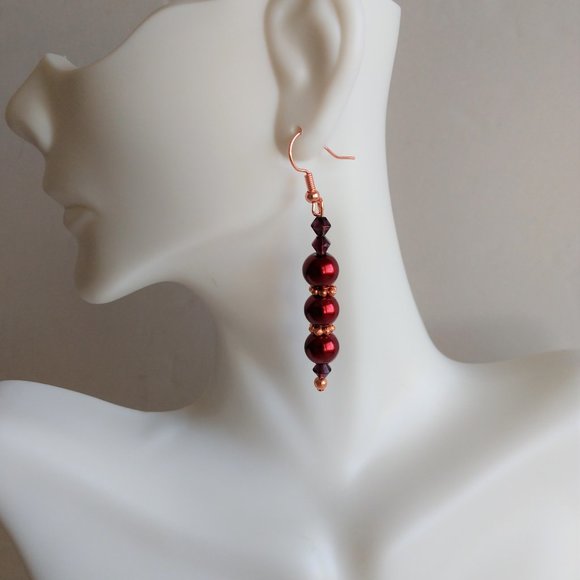 Hand Crafted Jewelry - Red Faux Pearl Earrings On Copper Plated Brass Fishhooks Handmade 2.375 inches